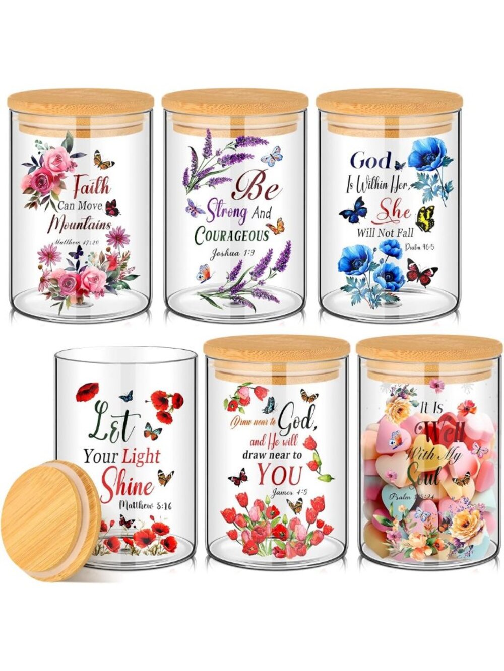6 Pcs Christian Bible Glass Storage Jars with Airtight Lids - Decorative